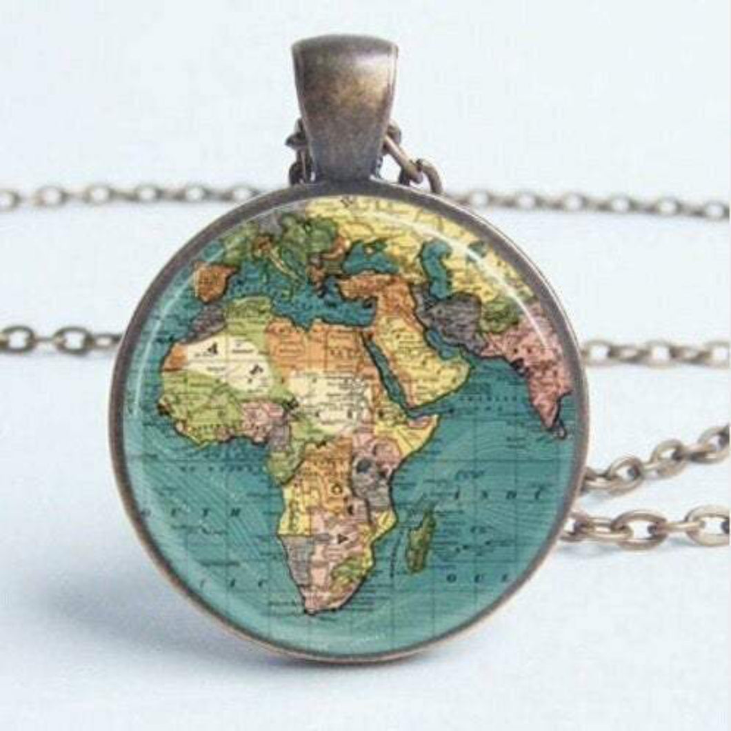 Travel World Map Handmade Necklace Antique Copper