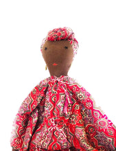 Load image into Gallery viewer, african lady on red dress with turban handmade doll 
