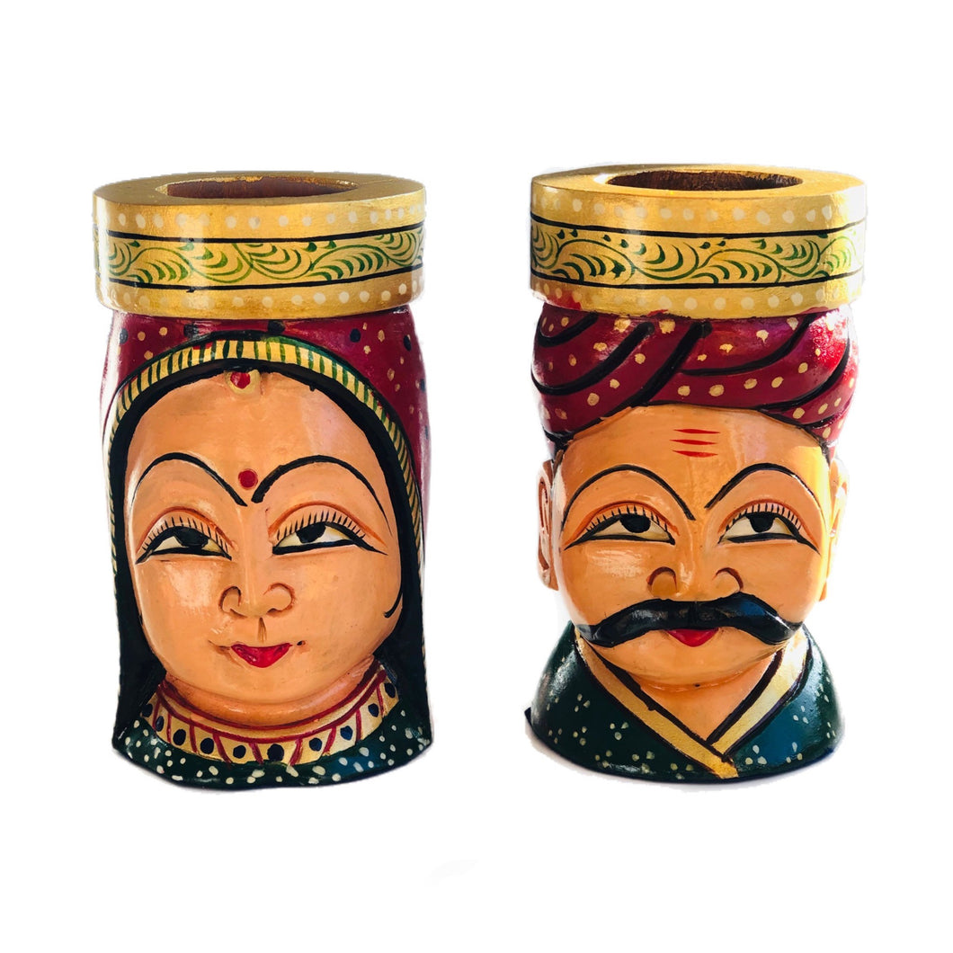 Traditional Jaipur Couple Wooden Painted Pen Holder - Handmade