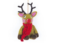 Load image into Gallery viewer, Set of 3 Reindeers with Knitted Scarf Novelty Hanging Decoration - Fair Trade and Eco Friendly &amp; Handmade Needle Felted Animal - Christmas
