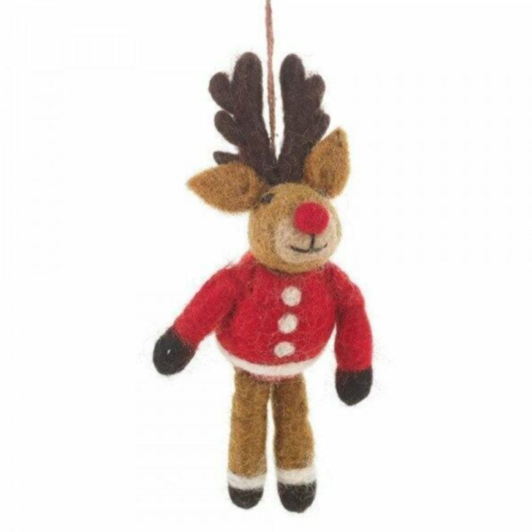 Set of 4 Rudolphs in his Christmas Jumper Novelty Hanging Decoration - Fair Trade and Eco Friendly & Handmade Needle Felted Animal - Christmas
