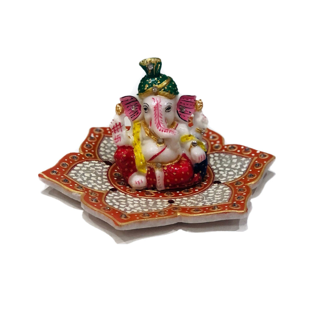Marble Painted Pagri (Turban) Ganesh On Lotus Plate