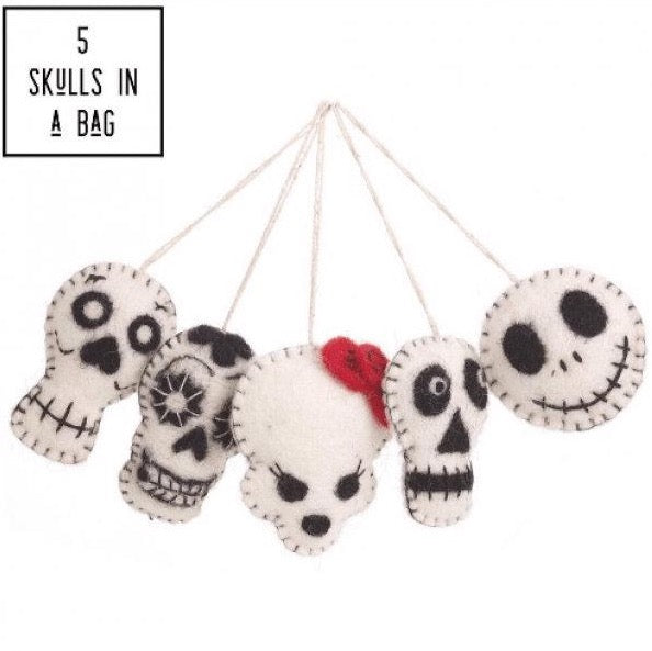 Set of 5 Fair Trade & Eco Friendly Halloween Skulls Novelty Hanging Decoration Needle Felted- Christmas
