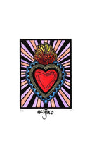 Load image into Gallery viewer, Mexican Ex-Voto Heart with Colourful Rays - Linocut and watercolour Engraving - 17.5x12.5cm - 2017 Limited Edition 2017 - Mexican Art
