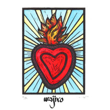Load image into Gallery viewer, Mexican Ex-Voto Heart with Fire - Linocut and watercolour Engraving - 17.5x12.5cm - 2017 Limited Edition 2017 - Mexican Art
