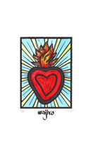 Load image into Gallery viewer, Mexican Ex-Voto Heart with Fire - Linocut and watercolour Engraving - 17.5x12.5cm - 2017 Limited Edition 2017 - Mexican Art
