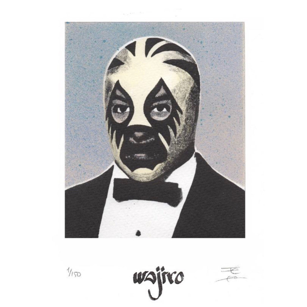 Mexican Wrestler Portrait Siligraphy Engraving - Watercolour and Spray by Wajiro Dream - 17.5x12.5 cms. - 2017  Limited Edition
