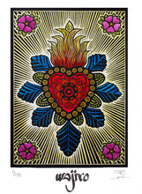 Load image into Gallery viewer, Mexican Ex-voto Heart - Linocut and watercolour Big Engraving - 35x25cm - 2017 Limited Edition 2017 - Mexican Art
