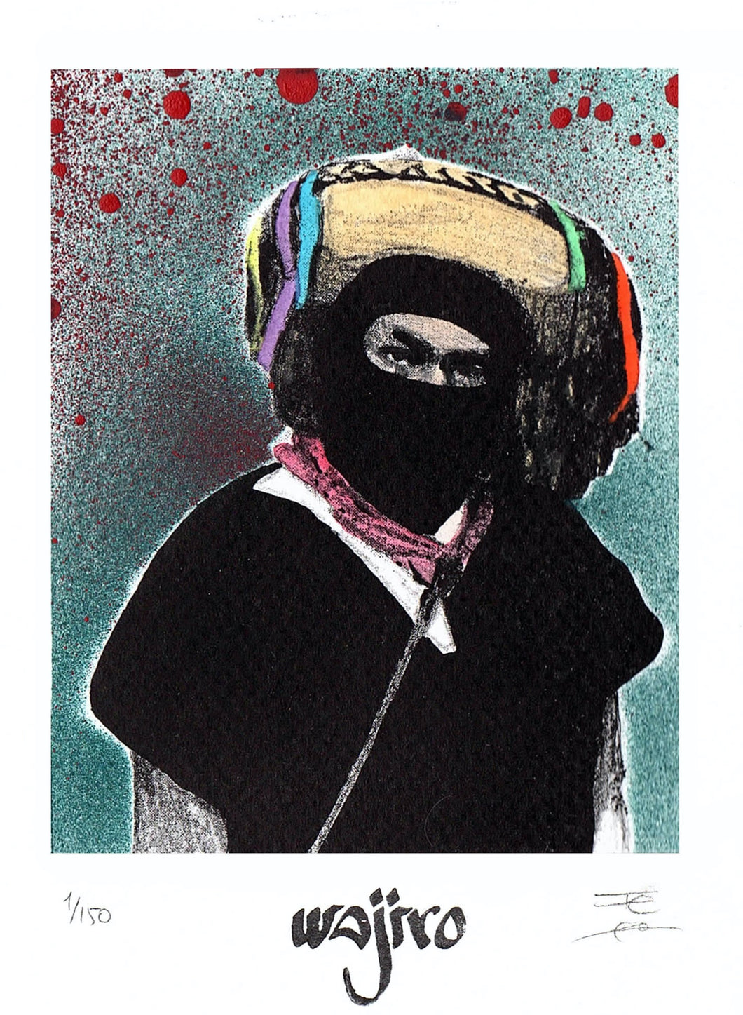Chiapaneco EZLN Siligraphy Engraving - Watercolour and Spray by Wajiro Dream - 17.5x12.5 cms. - 2017 Limited Edition