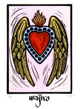 Load image into Gallery viewer, Mexican Ex-Voto Heart with wings - Linocut and watercolour Engraving - 17.5x12.5cm - 2017 Limited Edition 2017 - Mexican Art
