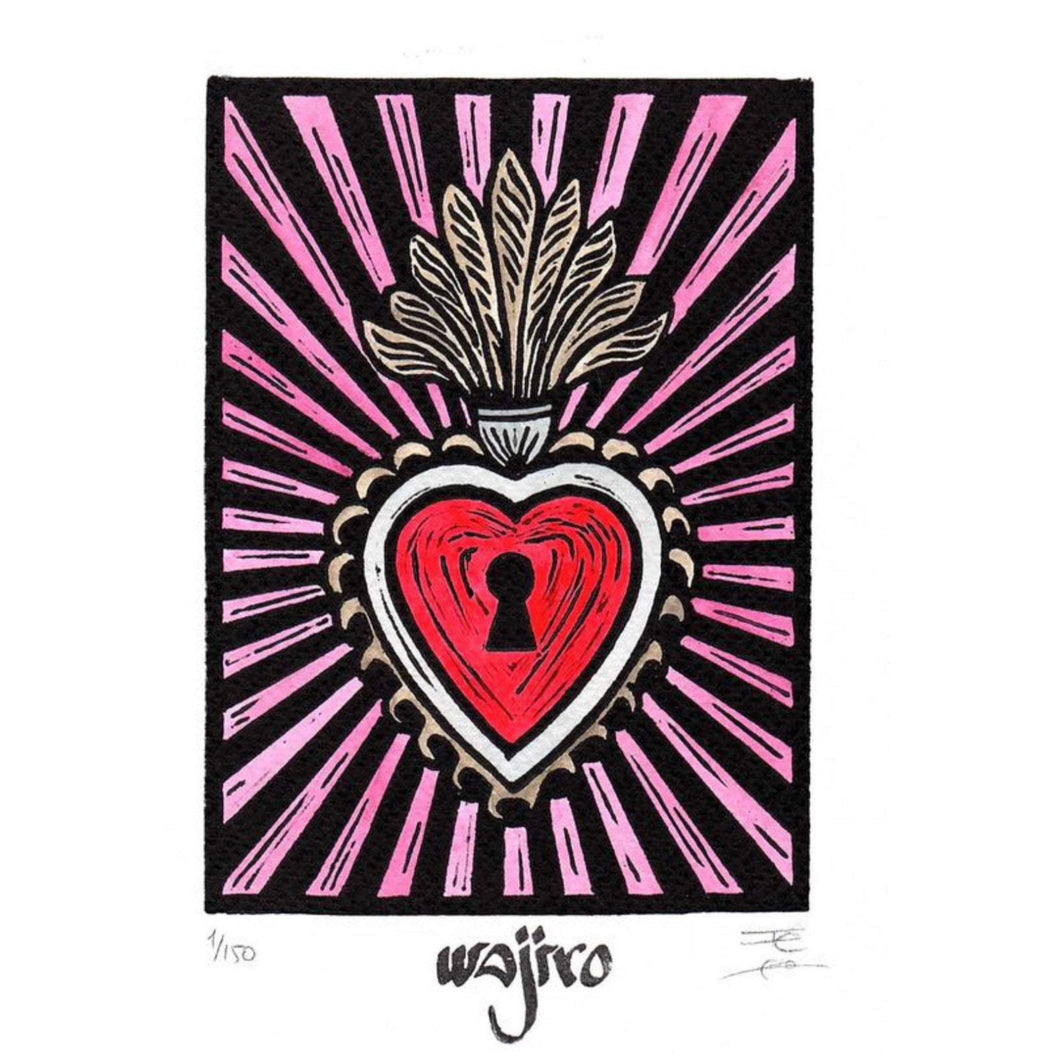 Mexican Ex-Voto Heart - Linocut and watercolour Engraving - 17.5x12.5cm - 2017 Limited Edition 2017 - Mexican Art