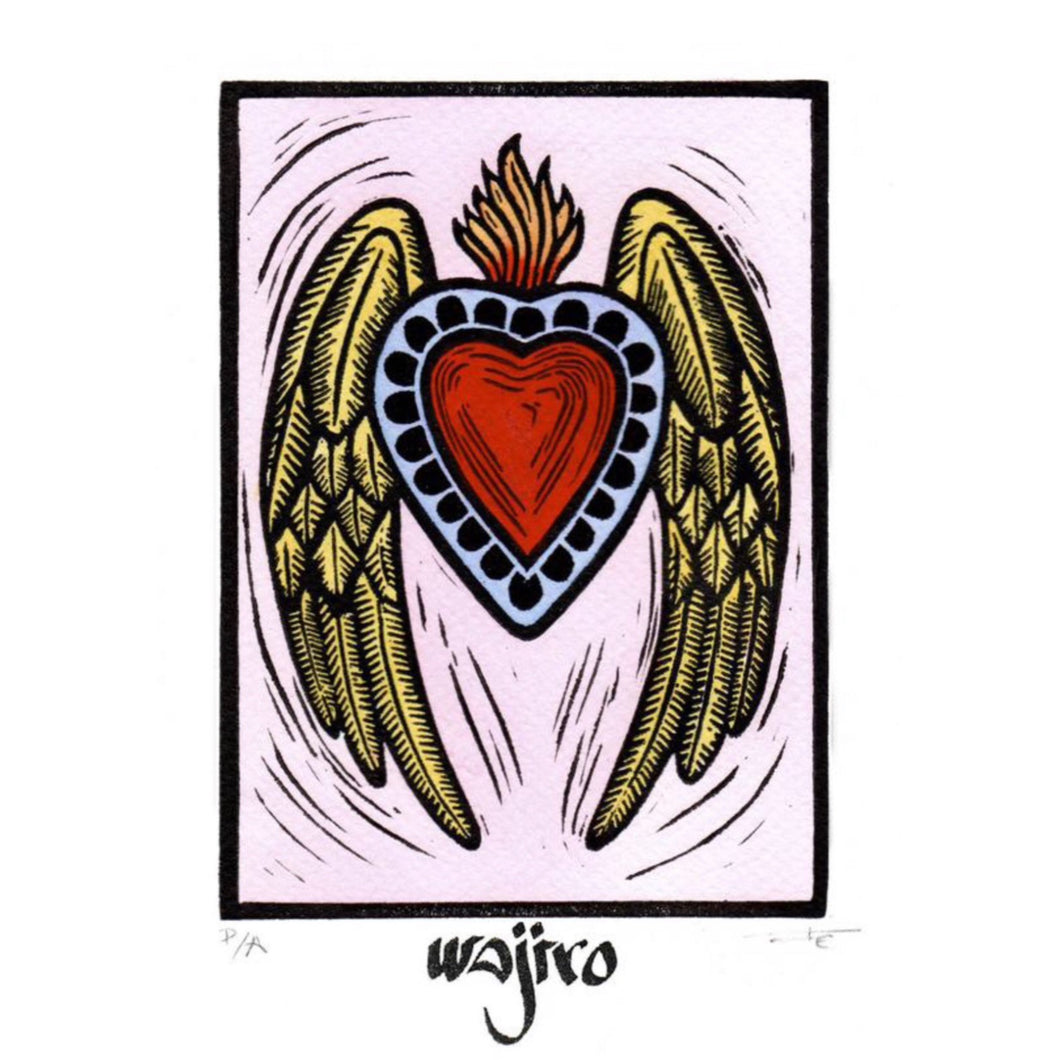 Mexican Ex-Voto Heart with wings - Linocut and watercolour Engraving - 17.5x12.5cm - 2017 Limited Edition 2017 - Mexican Art