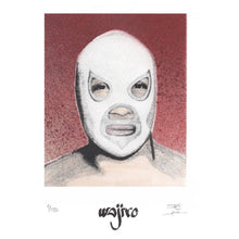 Load image into Gallery viewer, Mexican Wrestler Portrait Siligraphy Engraving - Watercolour and Spray by Wajiro Dream - 17.5x12.5 cms. - 2017 Limited Edition
