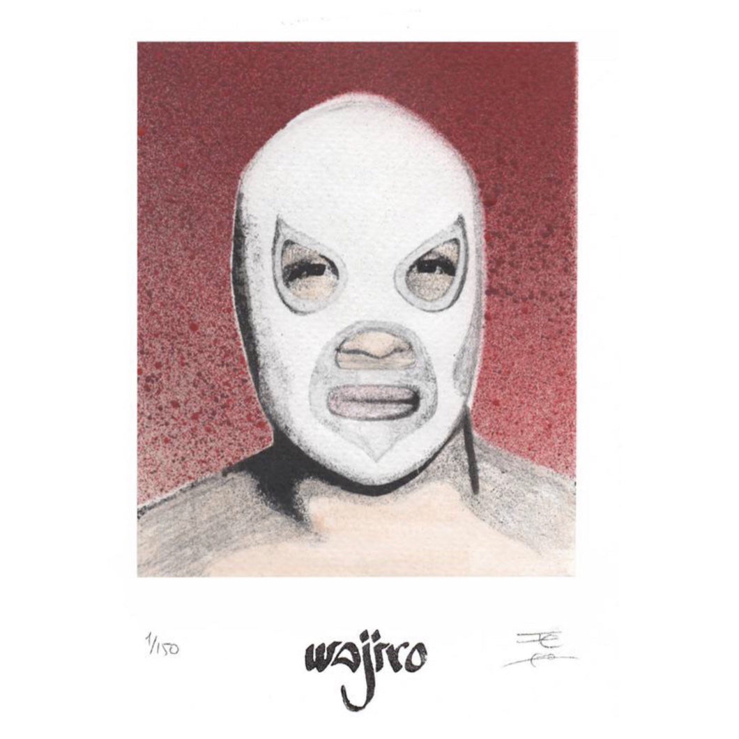 Mexican Wrestler Portrait Siligraphy Engraving - Watercolour and Spray by Wajiro Dream - 17.5x12.5 cms. - 2017 Limited Edition