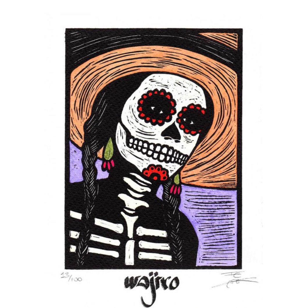 Mexican Catrina with Small Engraving - Linocut and Watercolour - 17.5x12.5cm - 2017 Limited Edition 2017 - Mexican Art