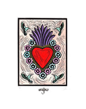 Load image into Gallery viewer, Mexican Ex-Voto Heart with Colourful Rays - Linocut and watercolour Engraving - 25x17.5cm - 2017 Limited Edition 2017 - Mexican Art
