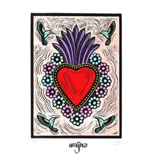 Load image into Gallery viewer, Mexican Ex-Voto Heart with Colourful Rays - Linocut and watercolour Engraving - 25x17.5cm - 2017 Limited Edition 2017 - Mexican Art
