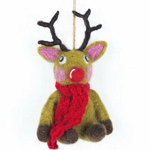 Load image into Gallery viewer, Set of 3 Reindeers with Knitted Scarf Novelty Hanging Decoration - Fair Trade and Eco Friendly &amp; Handmade Needle Felted Animal - Christmas
