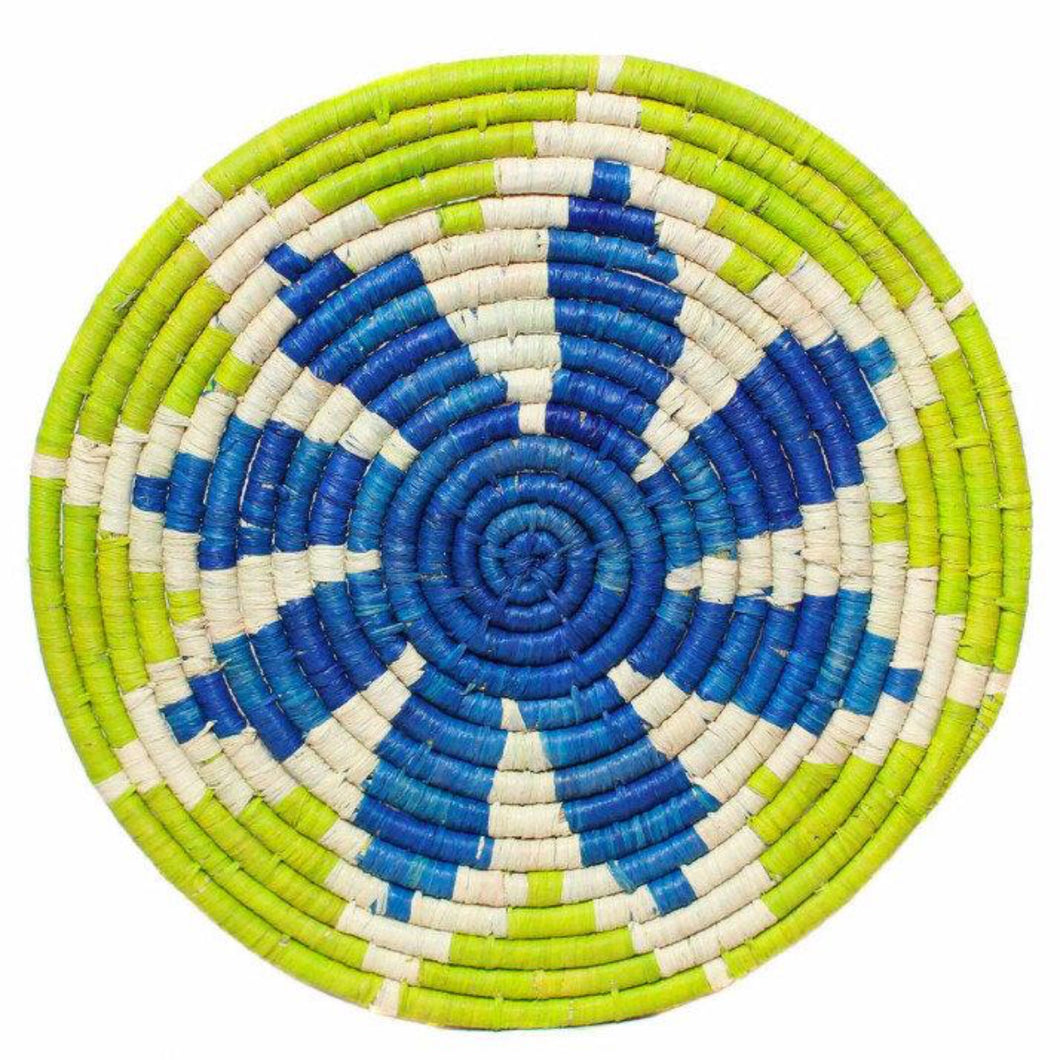 Raffia Placemat Lime White Blue, 30cm. Fair Trade, Eco and Ethical Gifts for the Trade