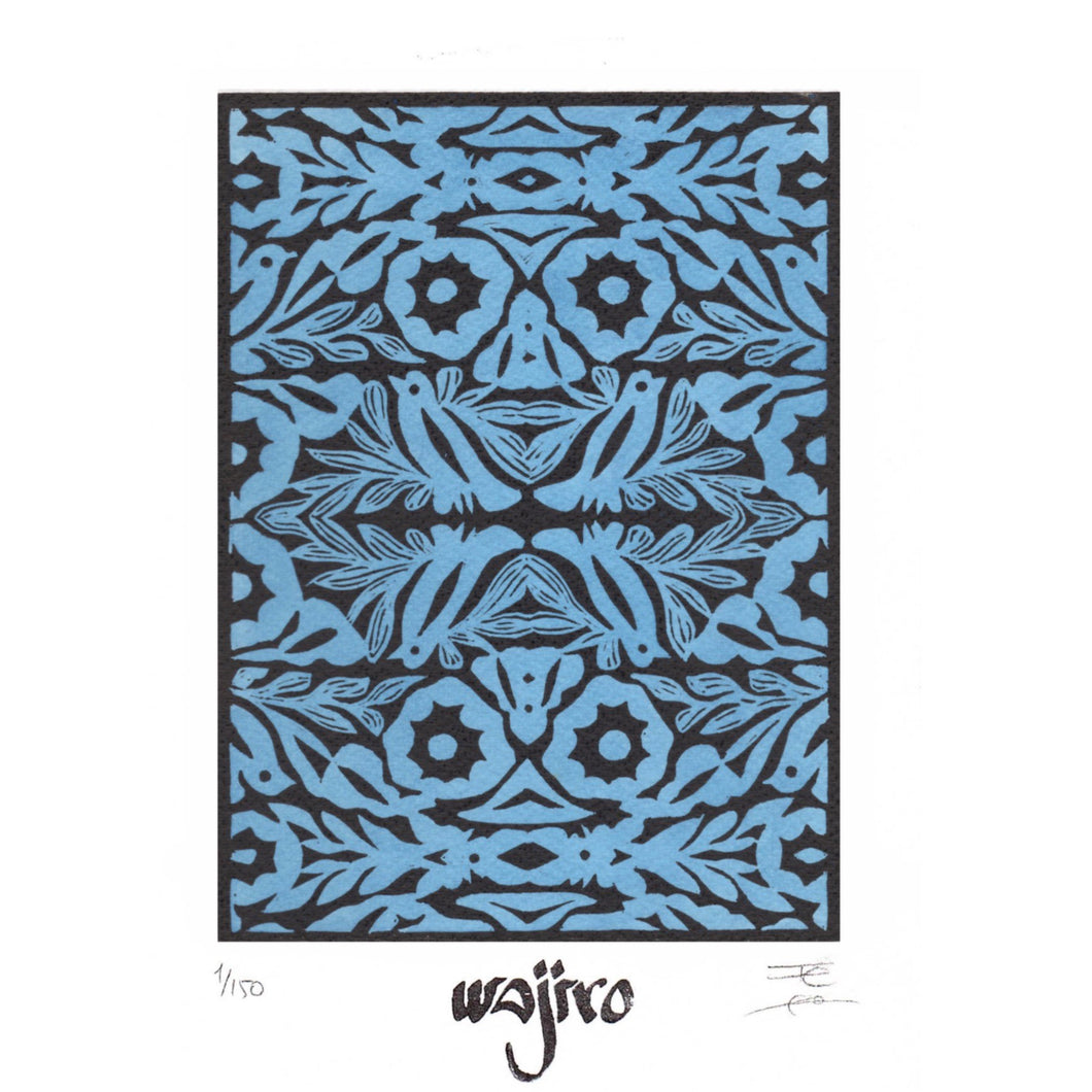 Oaxaca Embroidery Blue Original Linocut and Watercolour Engraving- Limited Edition 25x17.5cm - 2017 Handmade Mexican Art