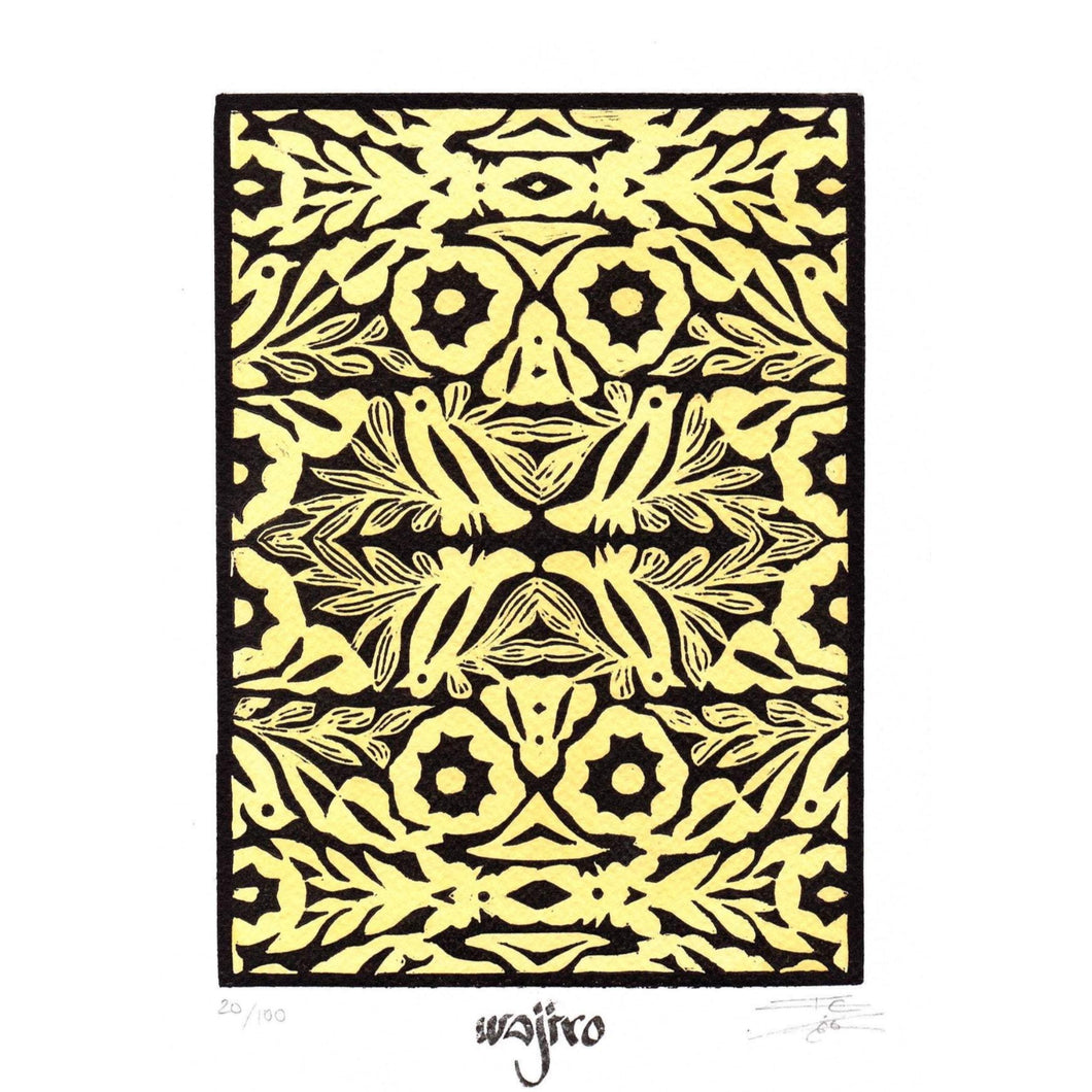 Oaxaca Embroidery Yellow Original Linocut and Watercolour Engraving - Limited Edition 25x17.5cm - 2017 Handmade Mexican Art-