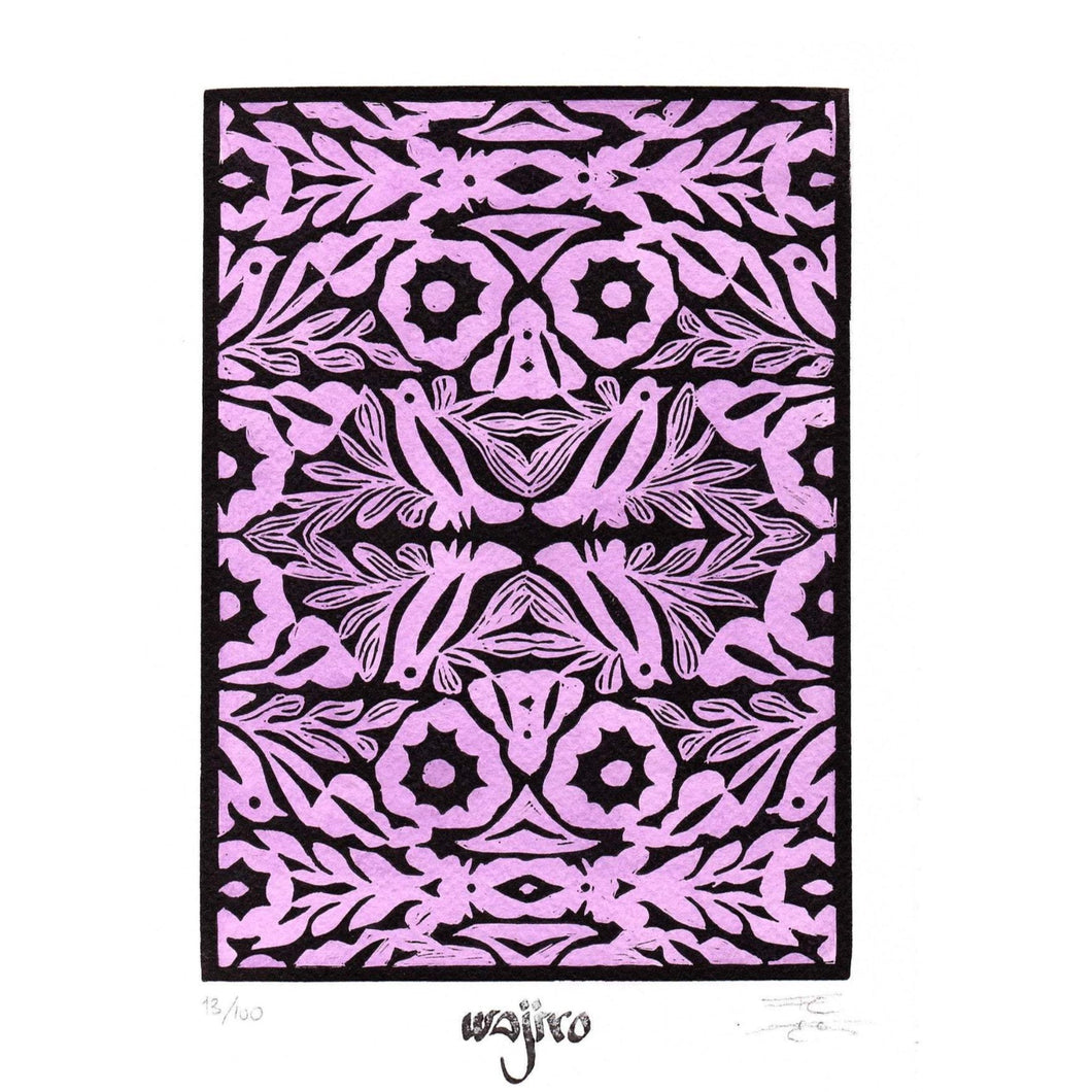 Oaxaca Embroidery Pink Original Linocut and Watercolour Engraving - Limited Edition 25x17.5cm - 2017 Handmade Mexican Art