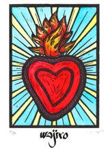 Load image into Gallery viewer, Mexican Ex-Voto Heart with Fire - Linocut and watercolour Engraving - 17.5x12.5cm - 2017 Limited Edition 2017 - Mexican Art
