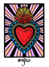 Load image into Gallery viewer, Mexican Ex-Voto Heart with Colourful Rays - Linocut and watercolour Engraving - 17.5x12.5cm - 2017 Limited Edition 2017 - Mexican Art
