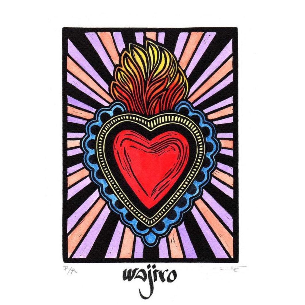 Mexican Ex-Voto Heart with Colourful Rays - Linocut and watercolour Engraving - 17.5x12.5cm - 2017 Limited Edition 2017 - Mexican Art