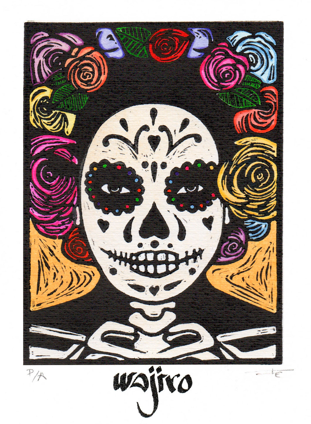 Mexican Catrina Small Siligraphy Engraving - Watercolour and Spray by Wajiro Dream - 17.5x12.5 cms. - 2017 Limited Edition