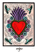 Load image into Gallery viewer, Mexican Ex-Voto Heart with Colourful Rays - Linocut and watercolour Engraving - 25x17.5cm - 2017 Limited Edition 2017 - Mexican Art
