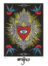 Load image into Gallery viewer, Mexican Ex-Voto Heart with Birds - Linocut and watercolour Engraving - 25x17.5cm - 2017 Limited Edition 2017 - Mexican Art
