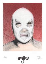 Load image into Gallery viewer, Mexican Wrestler Portrait Siligraphy Engraving - Watercolour and Spray by Wajiro Dream - 17.5x12.5 cms. - 2017 Limited Edition
