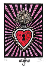 Load image into Gallery viewer, Mexican Ex-Voto Heart - Linocut and watercolour Engraving - 17.5x12.5cm - 2017 Limited Edition 2017 - Mexican Art
