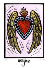 Load image into Gallery viewer, Mexican Ex-Voto Heart with wings - Linocut and watercolour Engraving - 17.5x12.5cm - 2017 Limited Edition 2017 - Mexican Art
