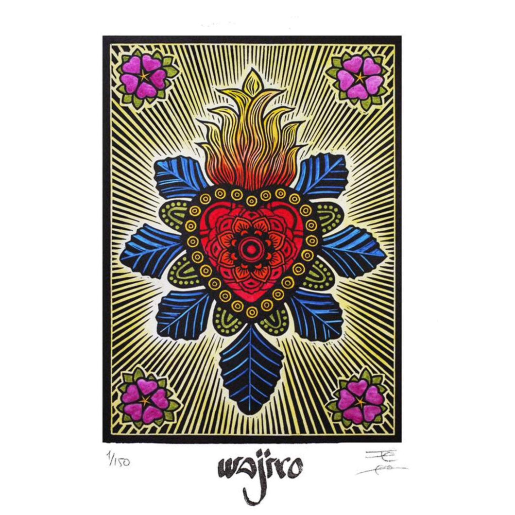 Mexican Ex-voto Heart - Linocut and watercolour Big Engraving - 35x25cm - 2017 Limited Edition 2017 - Mexican Art
