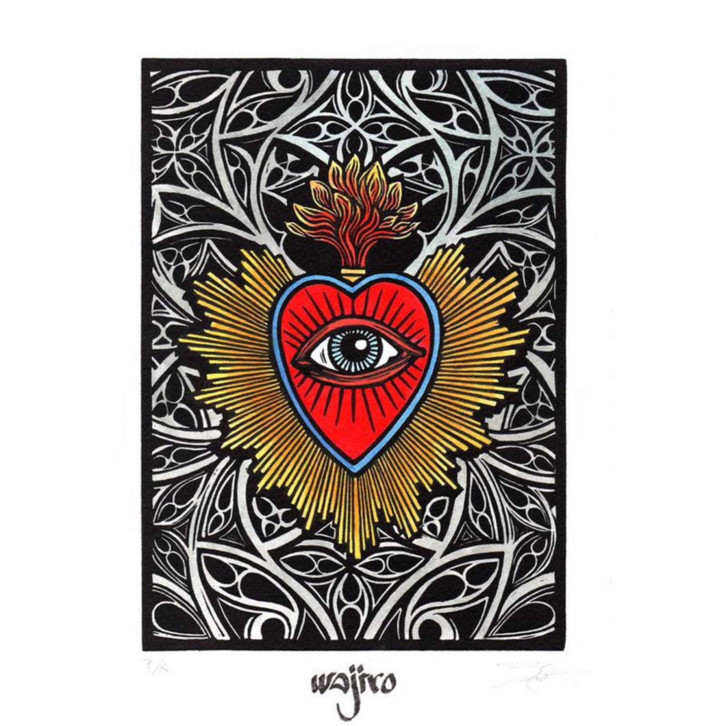 Mexican Ex-Voto Heart - Linocut and watercolour Engraving - 25x17.5cm - 2017 Limited Edition 2017 - Mexican Art