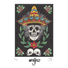 Load image into Gallery viewer, Mexican Skull Original Linocut and Watercolour Engraving - Limited Edition 25x17.5cm - 2017 Handmade Mexican Art-

