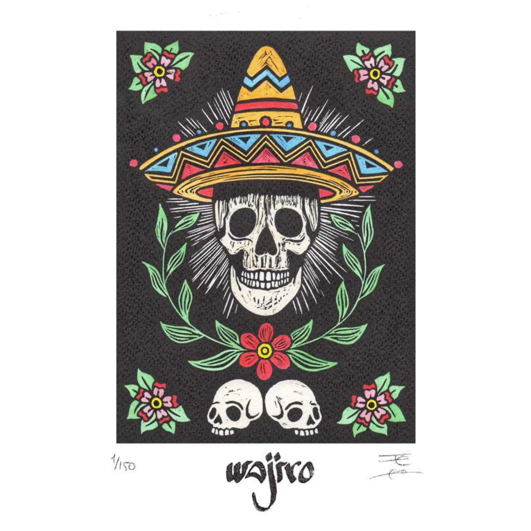 Mexican Skull Original Linocut and Watercolour Engraving - Limited Edition 25x17.5cm - 2017 Handmade Mexican Art-