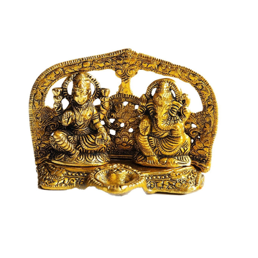 Lakshmi and Ganesh with Diya Golden Metal Home Decoration