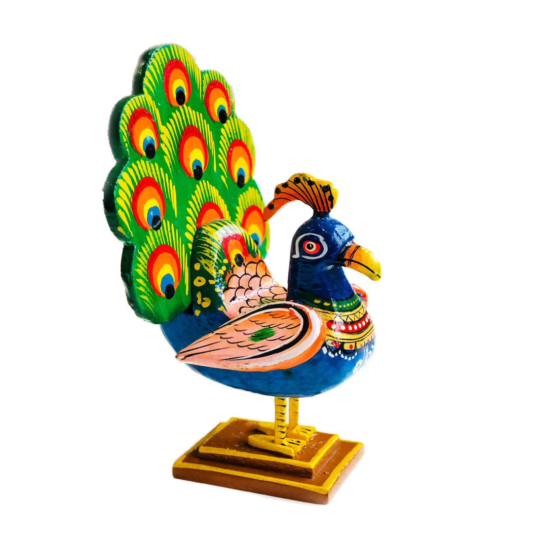 Dancing Peacock Figurine Wooden Handcrafted Home Decoration 23cm