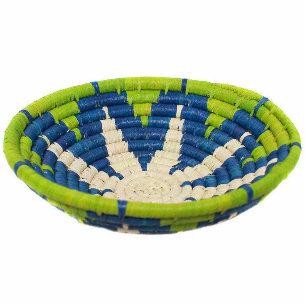 Raffia Fruit Basket Lime Blue White, 24cm. Fair Trade, Eco and Ethical Gifts for the Trade
