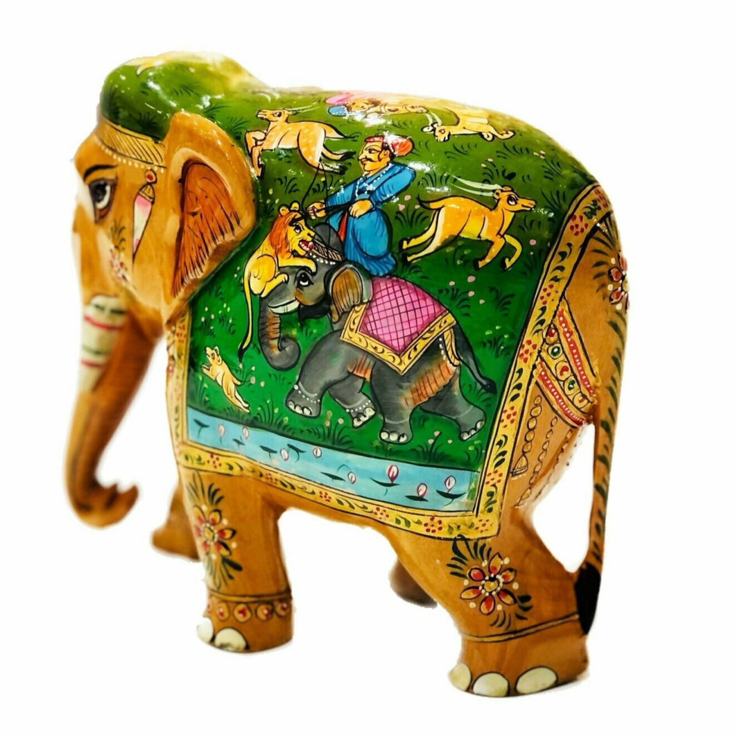 Unique Wooden Hand Painted Elephant with exquisite India Shikar Miniature Paintings