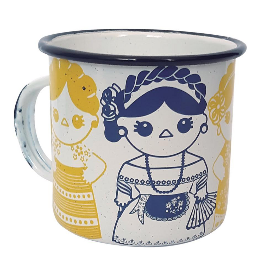 Coffee Enamel Mug Mexican Women with Flowers - ByMexico