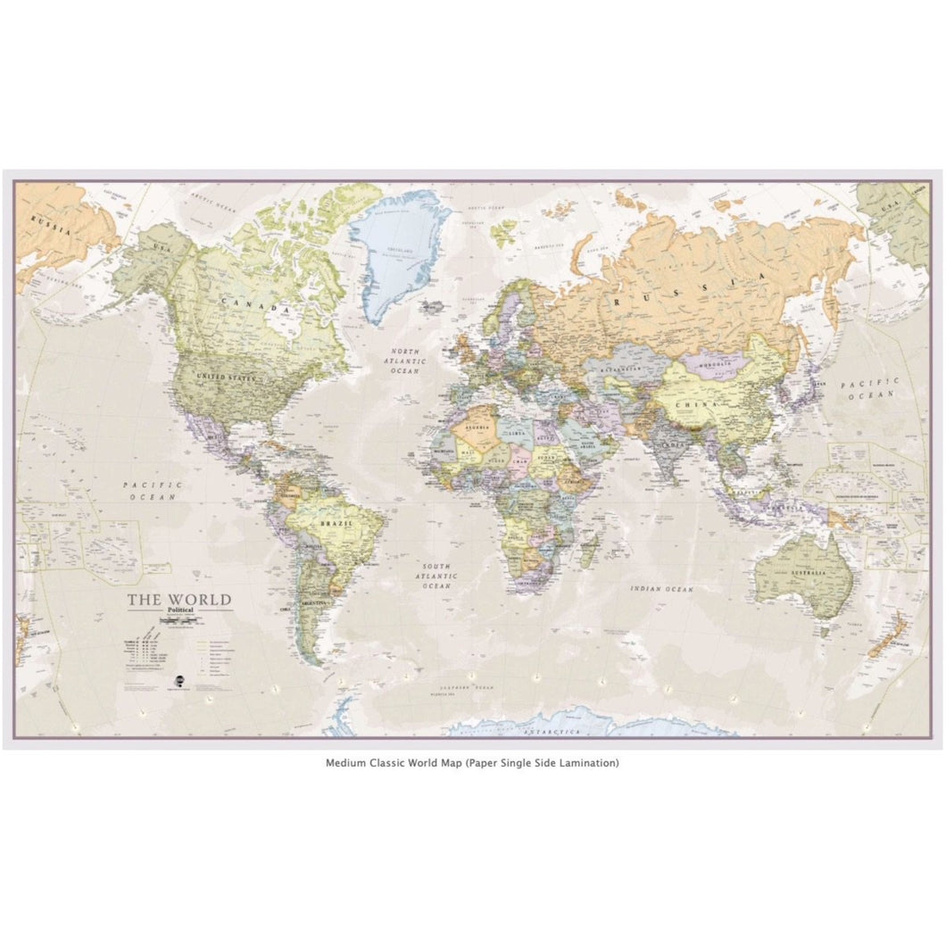 Medium Classic World Map Paper Single Side Lamination 84.1cm (w) x 59.4cm (h)