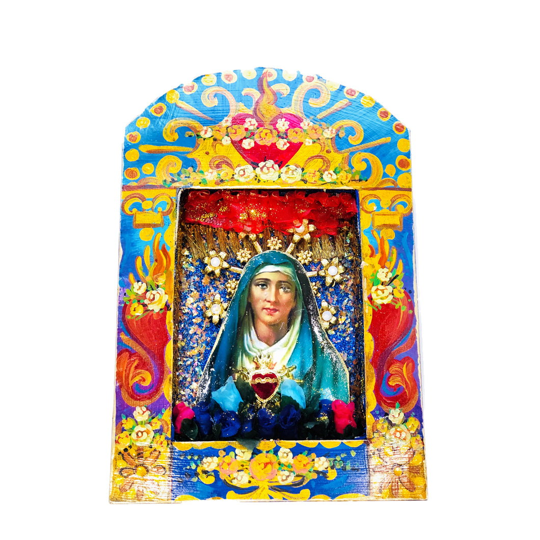 Our Lady of Sorrows with Heart Shrine 26.5cm - Mexican Handmade Folk Art