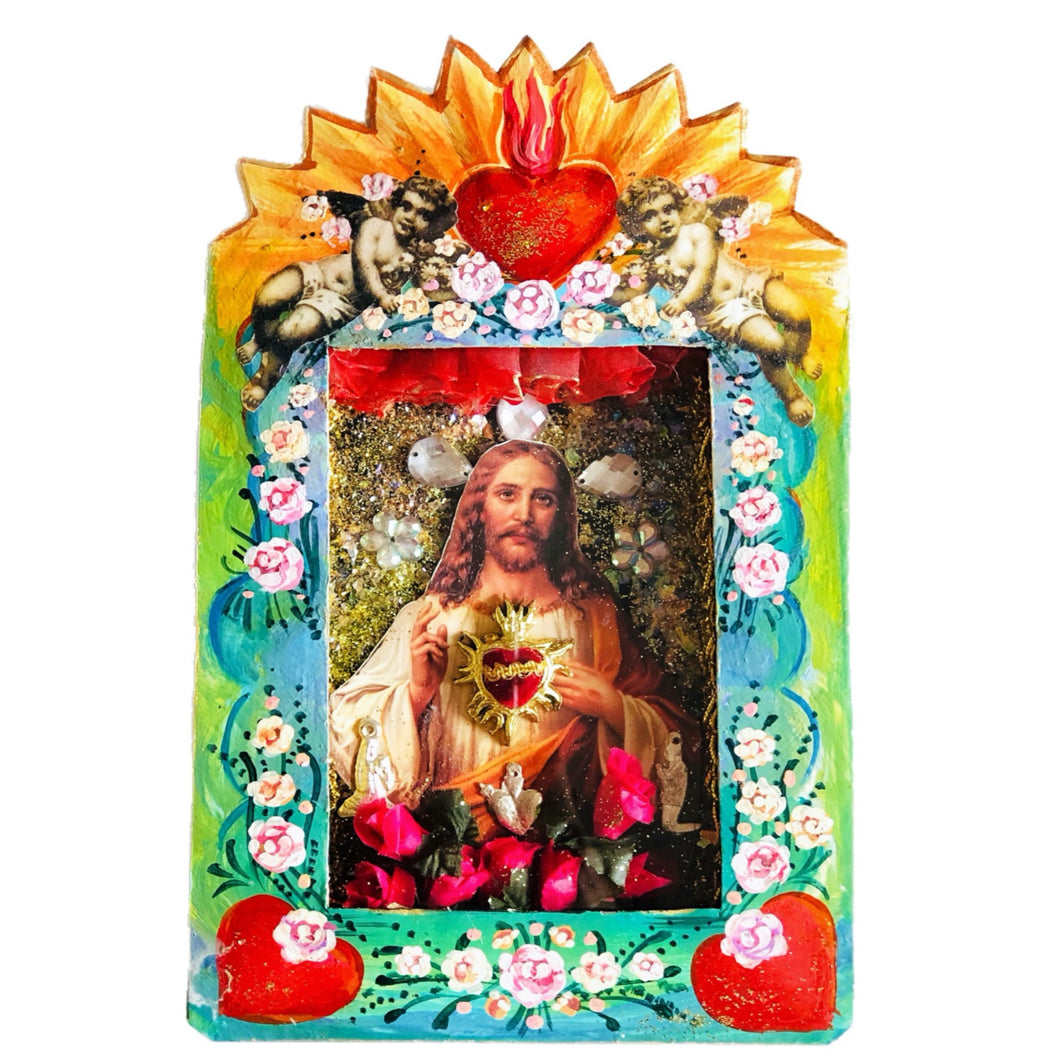 Sacred Heart of Jesus with Angels Tin Shrine 26cm - Mexican Handmade Art