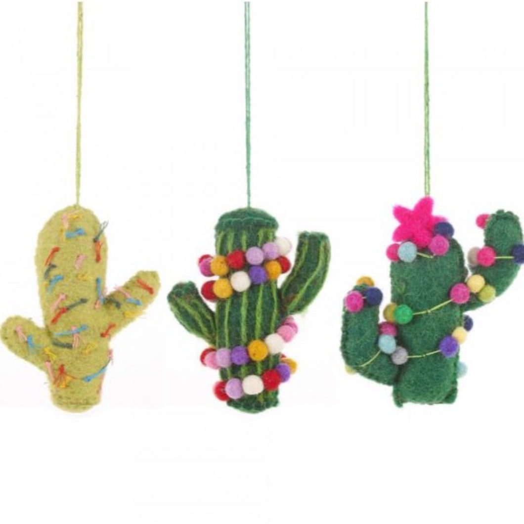 Set of 3 Fair Trade & Eco Friendly Totem Pole Cactus Novelty Hanging Decoration -Needle Felted- Christmas